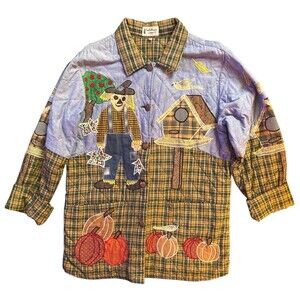 Patch Magic Button Up Shirt Medium Quilted Scarecrow Pumpkin Fall Vintage 90s